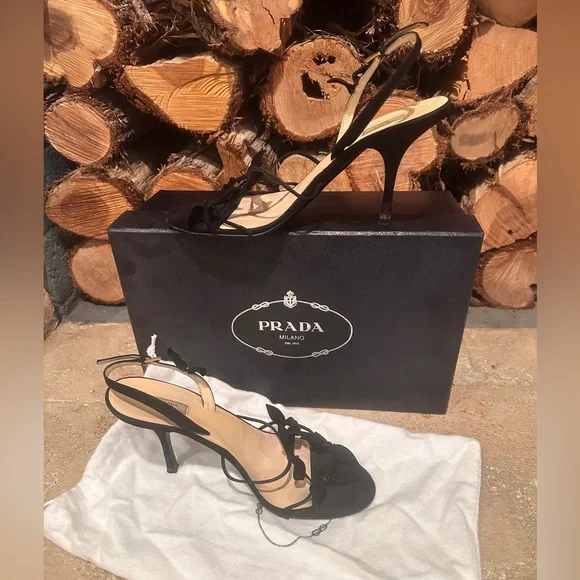 Prada Calzature Donna Camoscio Foglia Black Strappy Heels - Picture 2 of 15